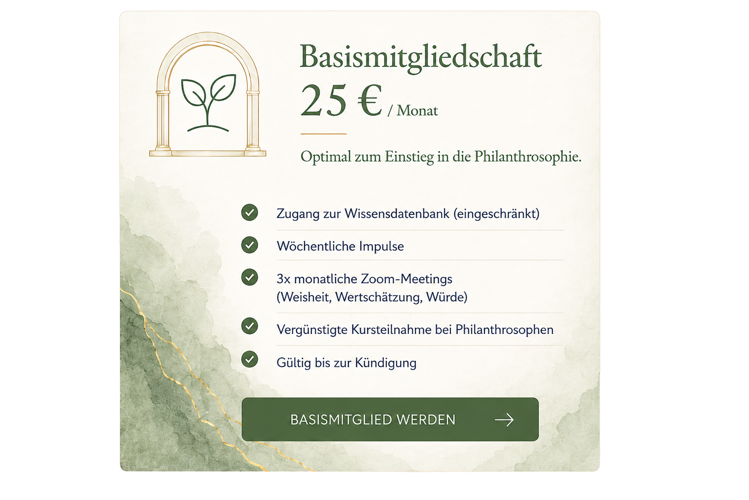 Basismitgliedschaft für 25 Euro monatlich: Zugang zur Wissensdatenbank, wöchentliche Impulse, monatliche Zoom-Meetings und vergünstigte Kursteilnahme. Per E-Mail Basismitglied werden.
