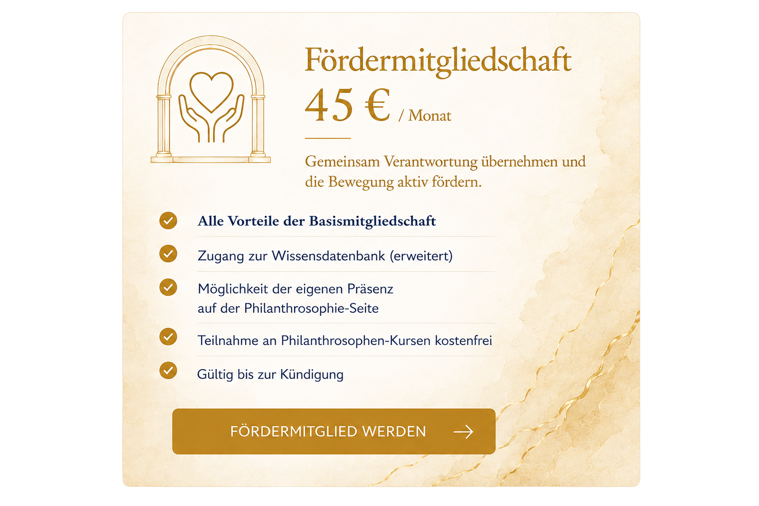 Fördermitgliedschaft für 45 Euro monatlich: alle Vorteile der Basismitgliedschaft, erweiterter Datenbankzugang, eigene Präsenz und kostenfreie Kursteilnahme. Per E-Mail Fördermitglied werden.